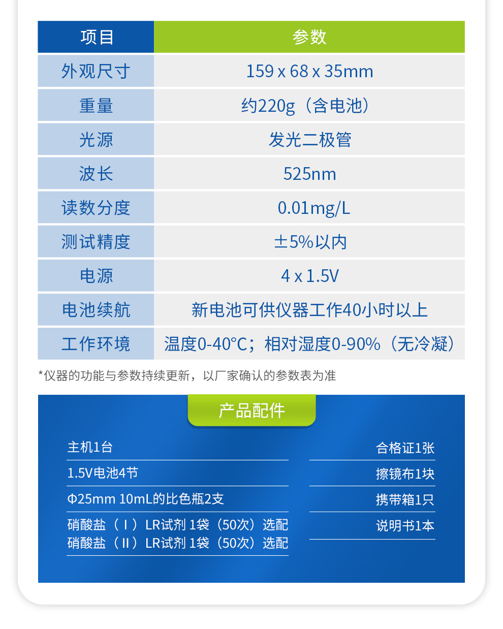 硝酸盐比色计 0.05~0.70mg/L技术规格 硝酸盐比色计 0.05~0.70mg/L技术规格